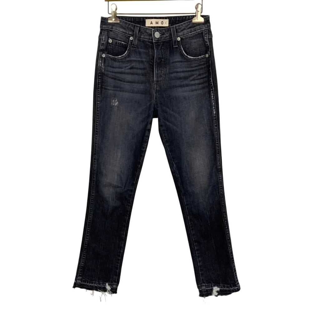 AMO Babe Slim Straight Button Fly Raw Hem Jeans Rascal Washed Black Women's 26